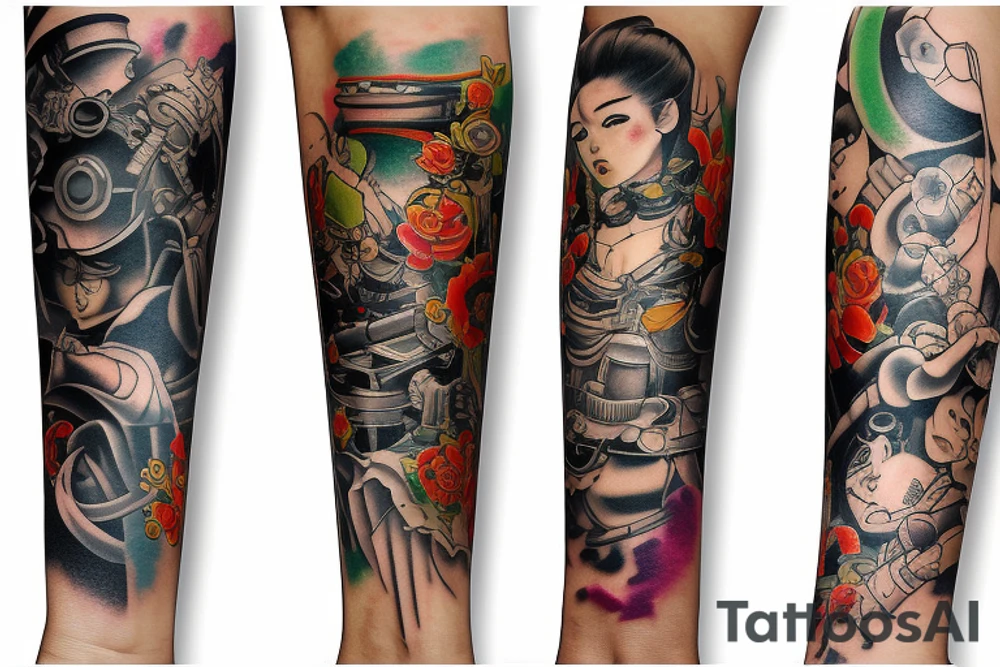 Dieselpunk Colorful bright arm sleeve izumi tattoo idea