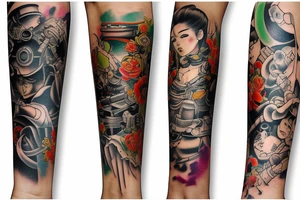 Dieselpunk Colorful bright arm sleeve izumi tattoo idea