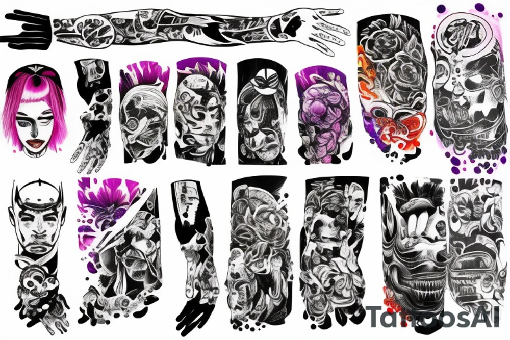Diesel punk Colorful bright arm sleeve izumi surreal tattoo idea