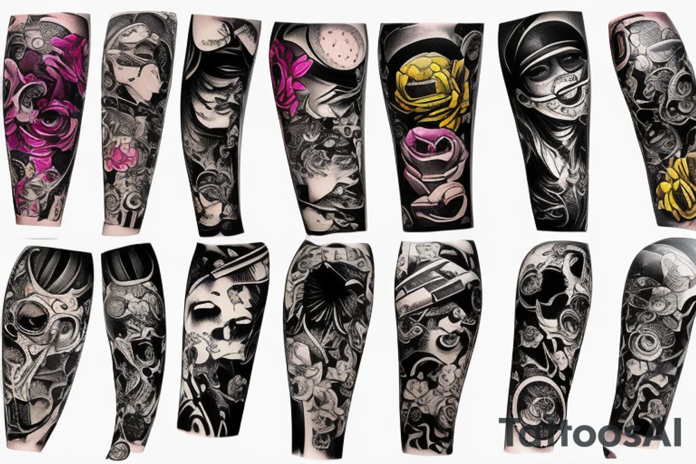 Eso periodo Diesel punk Colorful bright arm sleeve izumi surreal tattoo idea