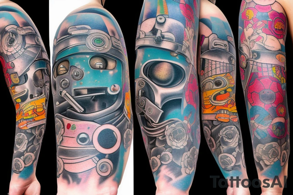 Eso periodo Diesel punk Colorful bright arm sleeve izumi surreal tattoo idea