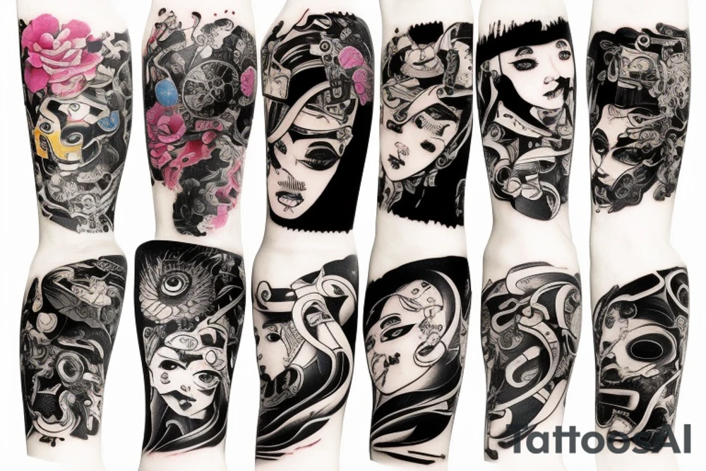 Edo period  Diesel punk Colorful bright arm sleeve izumi surreal tattoo idea