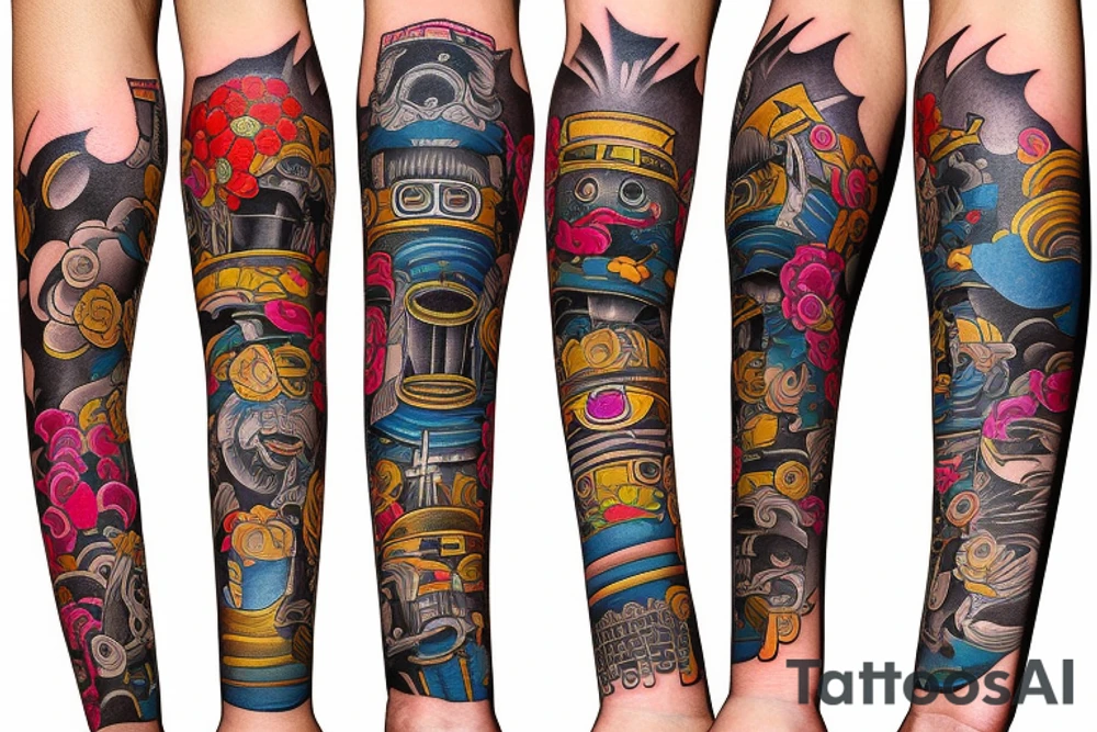 Edo period  Diesel punk Colorful bright arm sleeve izumi surreal tattoo idea