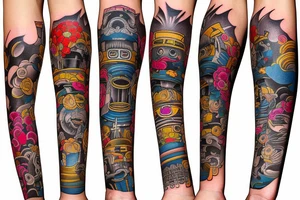 Edo period  Diesel punk Colorful bright arm sleeve izumi surreal tattoo idea