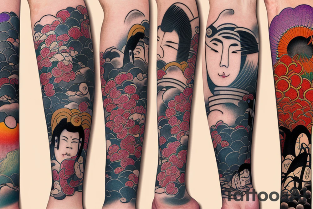 Edo period japan element earth Colorful bright arm sleeve izumi surreal tattoo idea