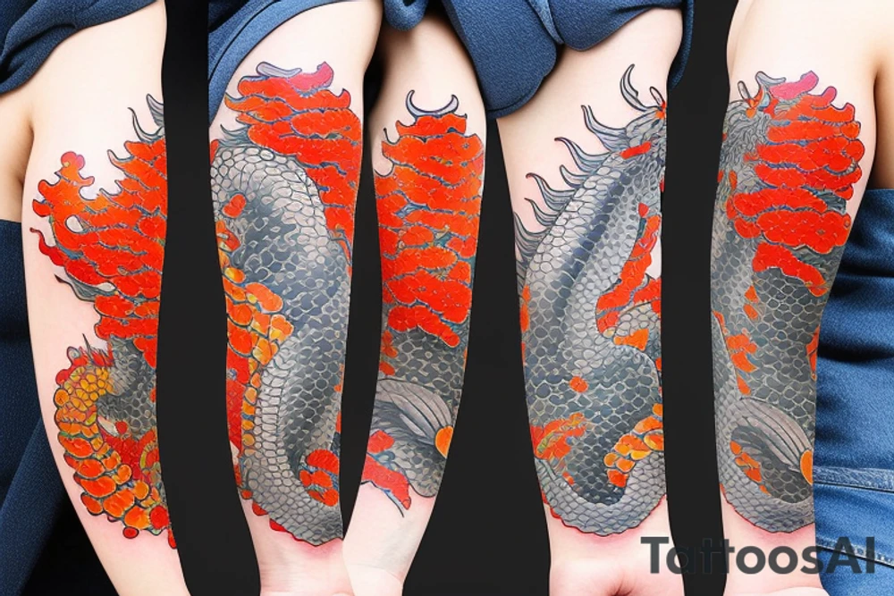 Stone fax dragon koi fish Edo period japan element earth Colorful bright arm sleeve izumi surreal tattoo idea