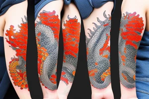 Stone fax dragon koi fish Edo period japan element earth Colorful bright arm sleeve izumi surreal tattoo idea