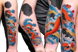 Stone fax dragon koi fish Edo period japan element earth Colorful bright arm sleeve izumi surreal tattoo idea