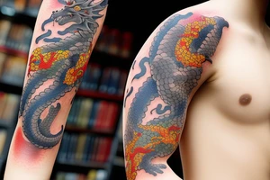 Stone fax dragon Edo period japan element earth Colorful bright arm sleeve izumi surreal tattoo idea