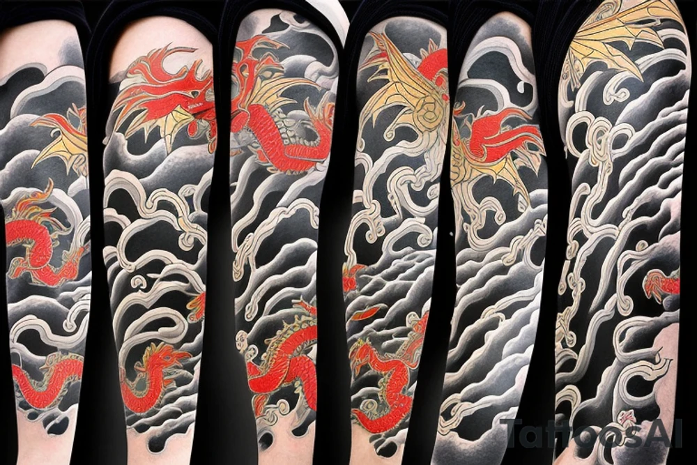 Stone fax dragon Edo period japan element earth Colorful bright arm sleeve izumi surreal tattoo idea