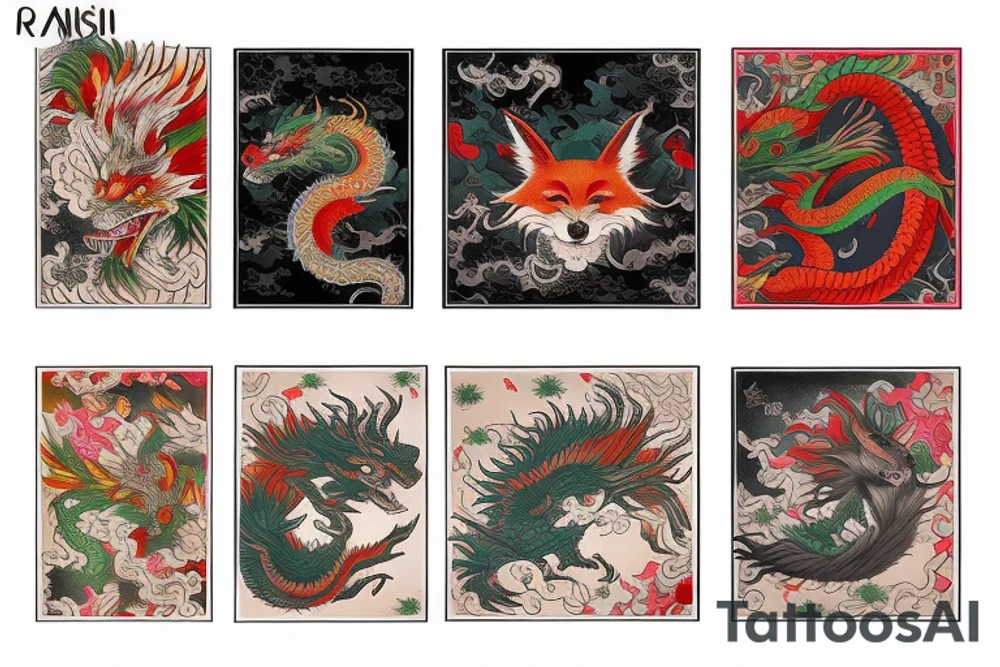 Colorful bright meji period japan arm sleeve izumi surreal fox dragon tattoo idea