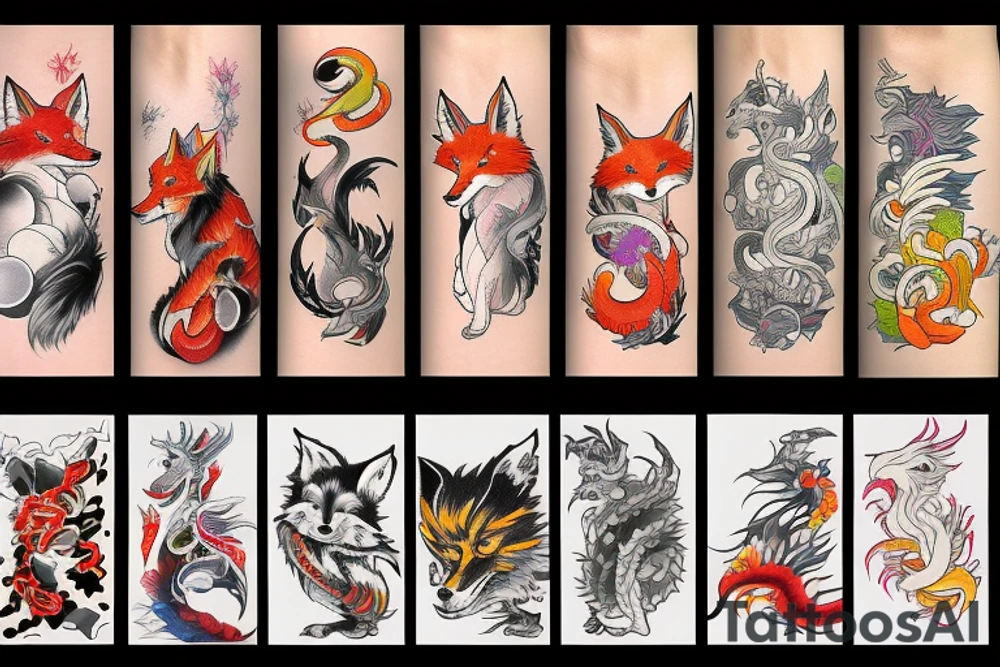Colorful bright industrial japan arm sleeve izumi surreal fox dragon tattoo idea