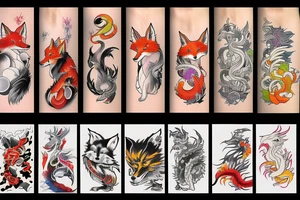 Colorful bright industrial japan arm sleeve izumi surreal fox dragon tattoo idea