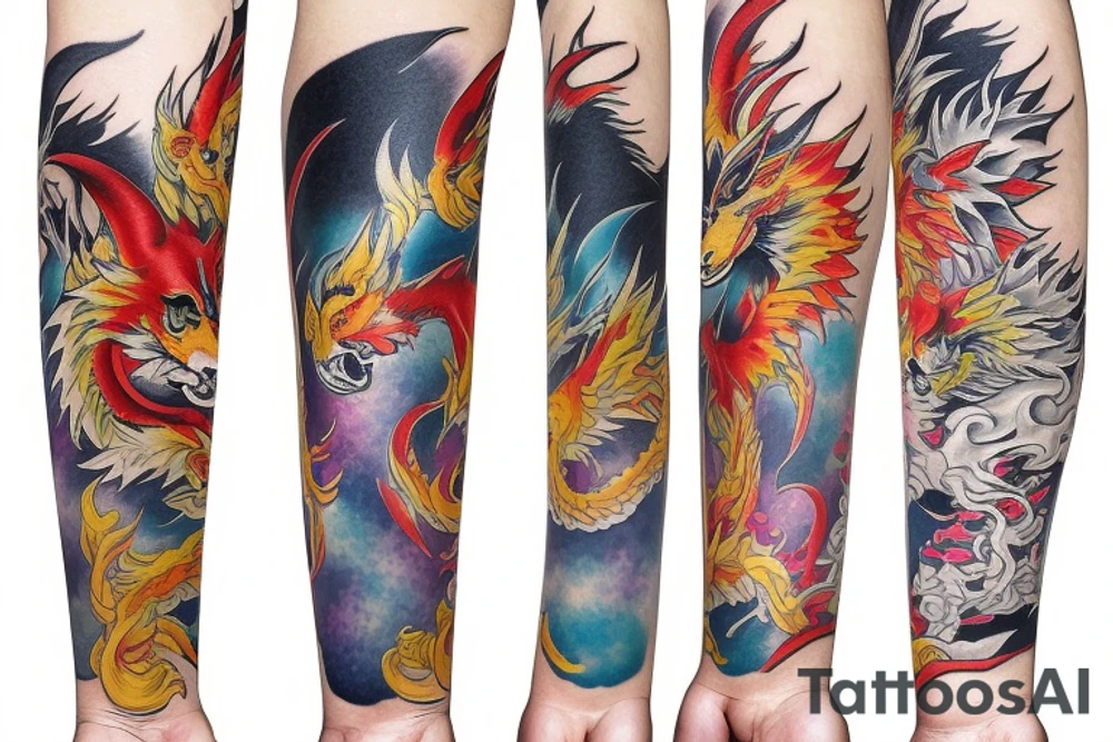 Colorful bright industrial japan arm sleeve izumi surreal fox dragon tattoo idea