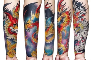 Colorful bright industrial japan arm sleeve izumi surreal fox dragon tattoo idea