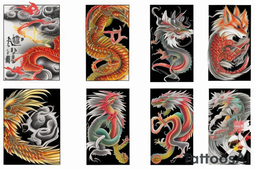 Colorful bright arm sleeve izumi industrial japan surreal fox dragon tattoo idea