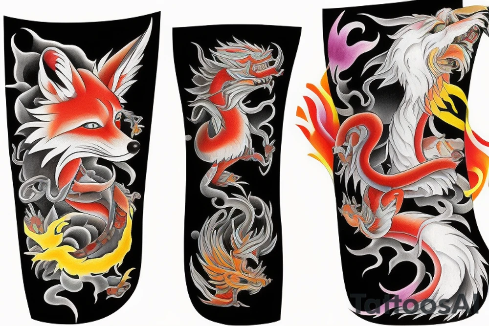 Colorful bright arm sleeve izumi industrial japan surreal fox dragon tattoo idea