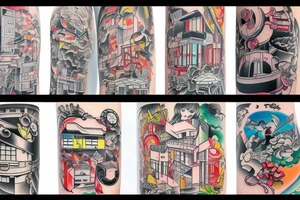 Colorful bright arm sleeve izumi industrial japan surreal architecture buildings tattoo idea