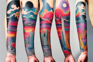 Colorful bright arm sleeve izumi industrial japan surreal architecture buildings tattoo idea