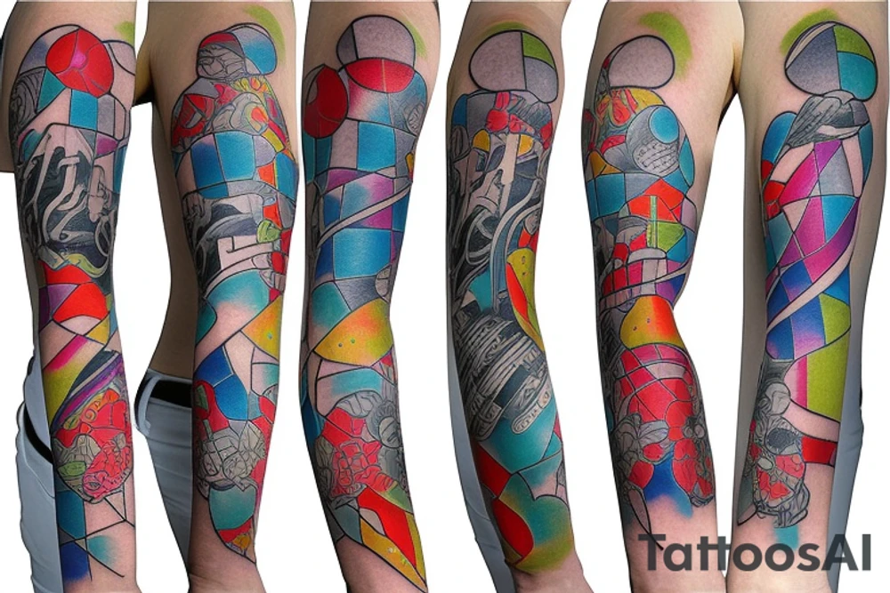 Colorful bright arm sleeve izumi buildings industrial japan surreal tattoo idea