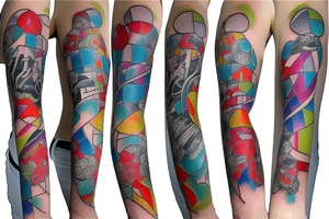 Colorful bright arm sleeve izumi buildings industrial japan surreal tattoo idea