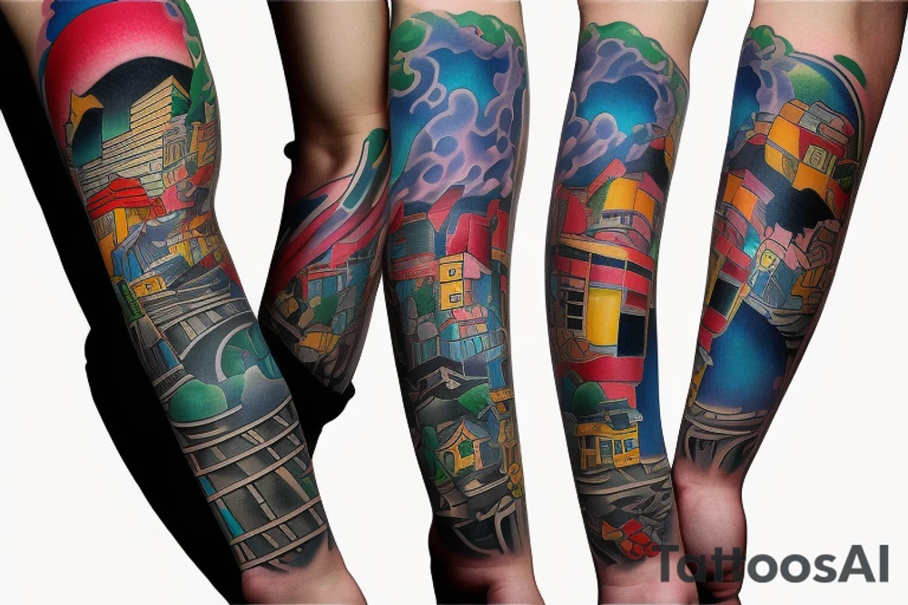 Colorful bright arm sleeve izumi buildings industrial japan surreal tattoo idea