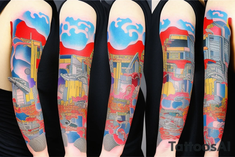 Colorful bright arm sleeve izumi japan buildings industrial surreal tattoo idea