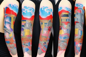 Colorful bright arm sleeve izumi japan buildings industrial surreal tattoo idea