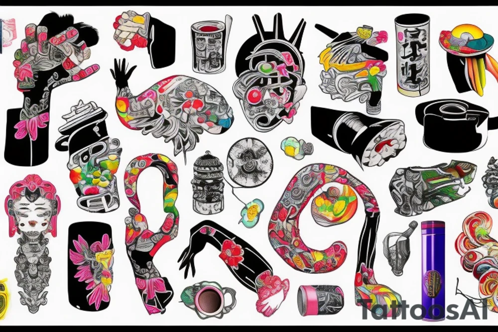 Colorful bright arm sleeve izumi japan buildings industrial surreal tattoo idea