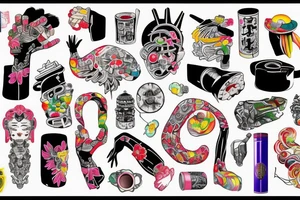 Colorful bright arm sleeve izumi japan buildings industrial surreal tattoo idea