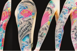 Colorful bright arm sleeve izumi japan buildings industrial tattoo idea