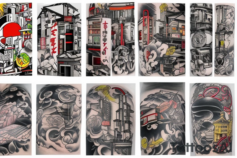 Colorful bright arm sleeve izumi japan buildings industrial tattoo idea