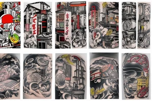 Colorful bright arm sleeve izumi japan buildings industrial tattoo idea