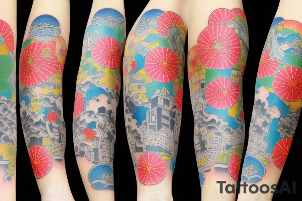 Colorful bright arm sleeve izumi meji japan buildings industrial tattoo idea