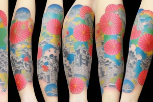 Colorful bright arm sleeve izumi meji japan buildings industrial tattoo idea