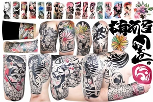 Colorful bright arm sleeve izumi meji japan buildings industrial tattoo idea