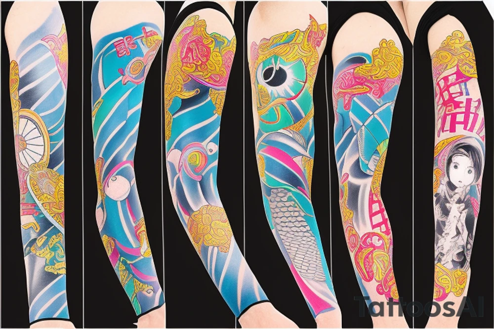 Colorful bright arm sleeve izumi japan industrial tattoo idea