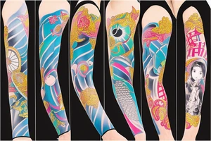 Colorful bright arm sleeve izumi japan industrial tattoo idea
