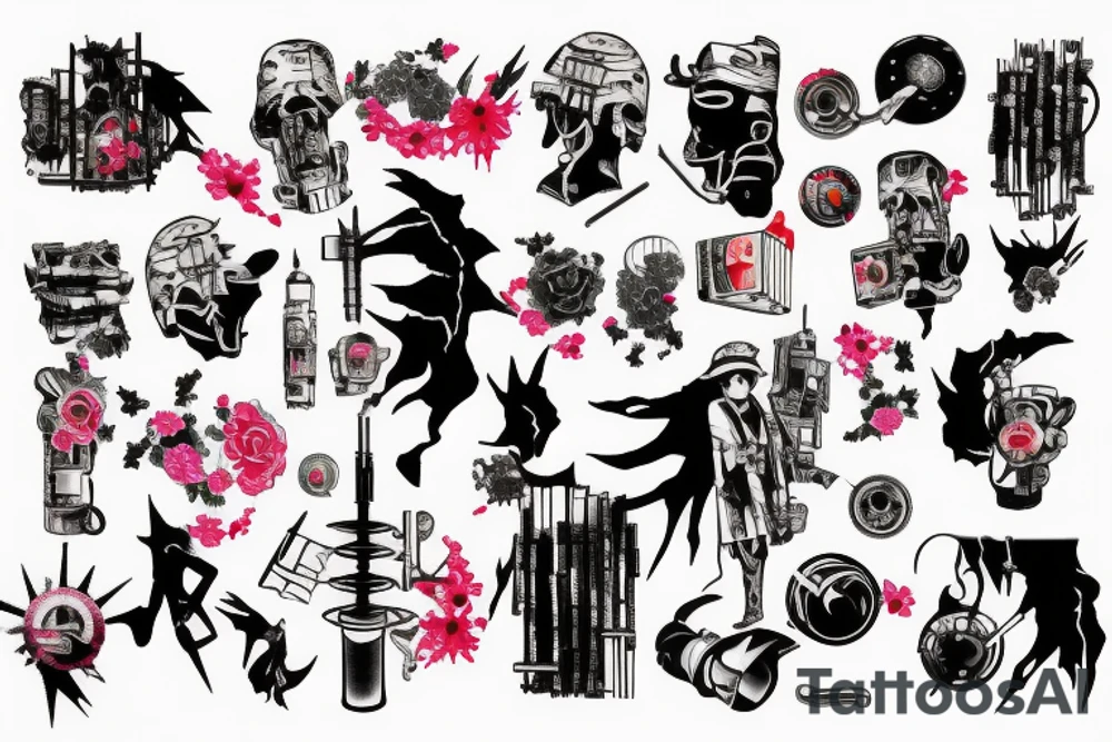 Colorful bright arm sleeve izumi apocalyptic industrial japan tattoo idea