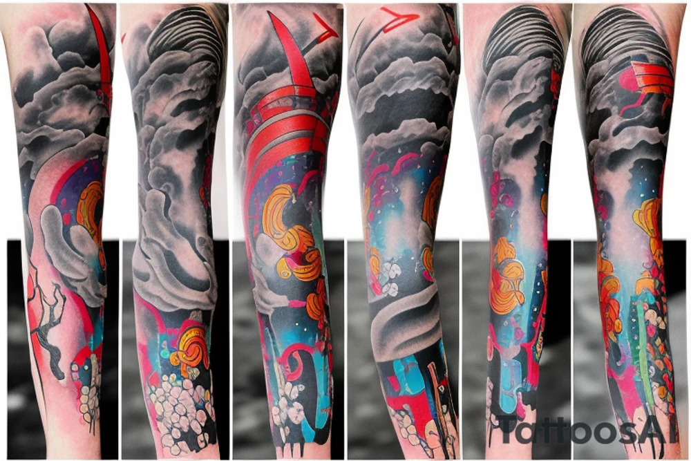 Colorful bright arm sleeve izumi apocalyptic industrial japan tattoo idea