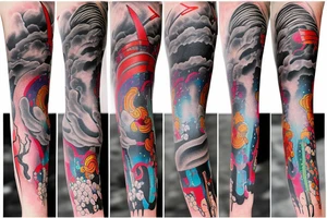 Colorful bright arm sleeve izumi apocalyptic industrial japan tattoo idea