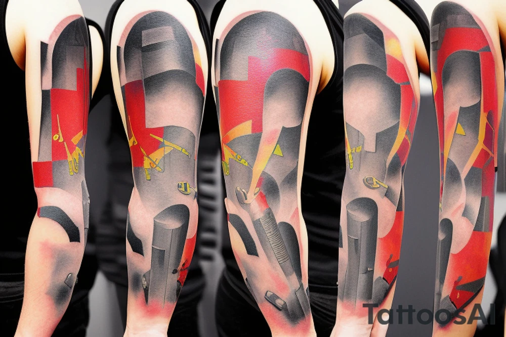 Colorful bright arm sleeve izumi apocalyptic industrial tattoo idea