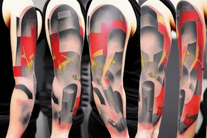 Colorful bright arm sleeve izumi apocalyptic industrial tattoo idea