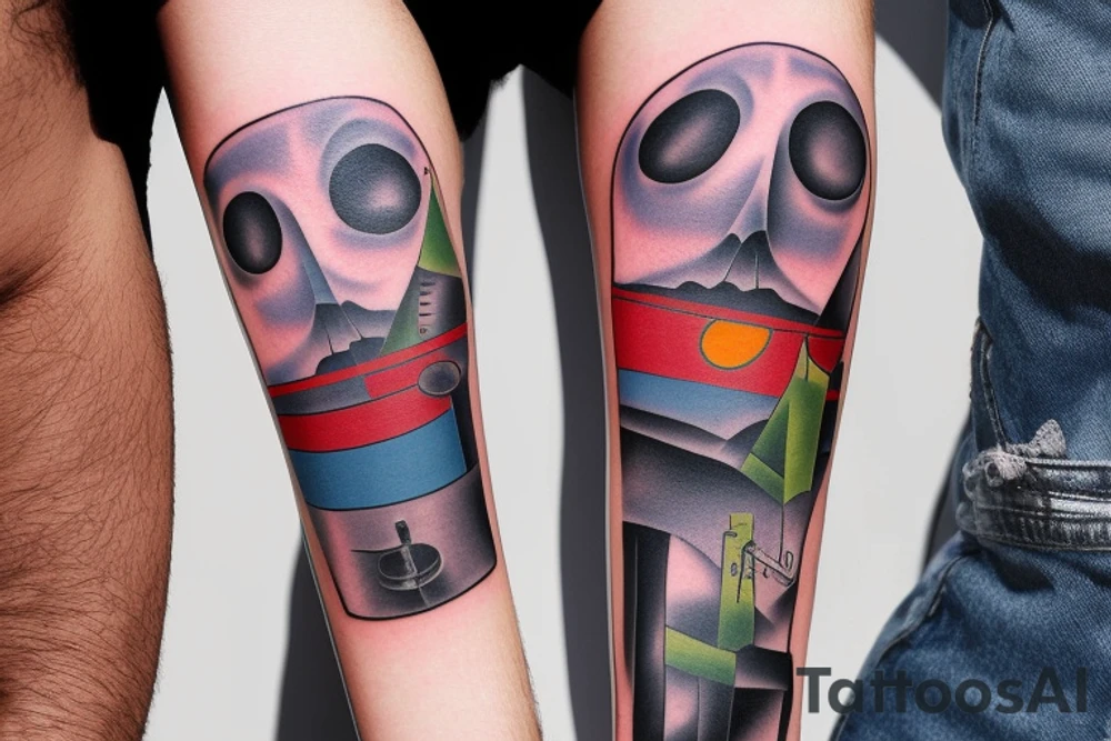Colorful bright arm sleeve izumi apocalyptic industrial tattoo idea