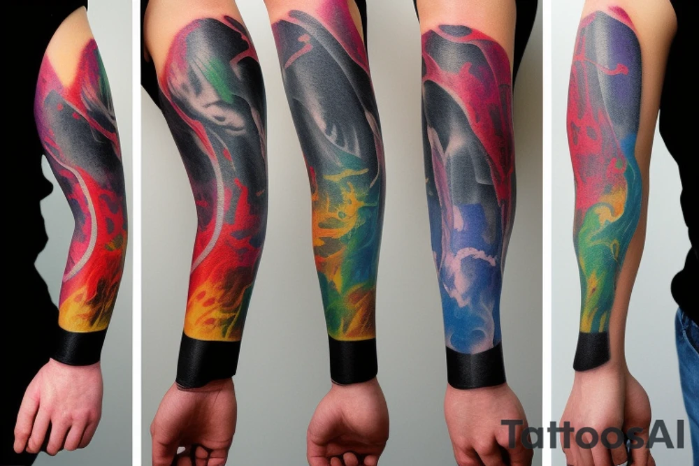 Colorful bright arm sleeve izumi apocalyptic industrial tattoo idea