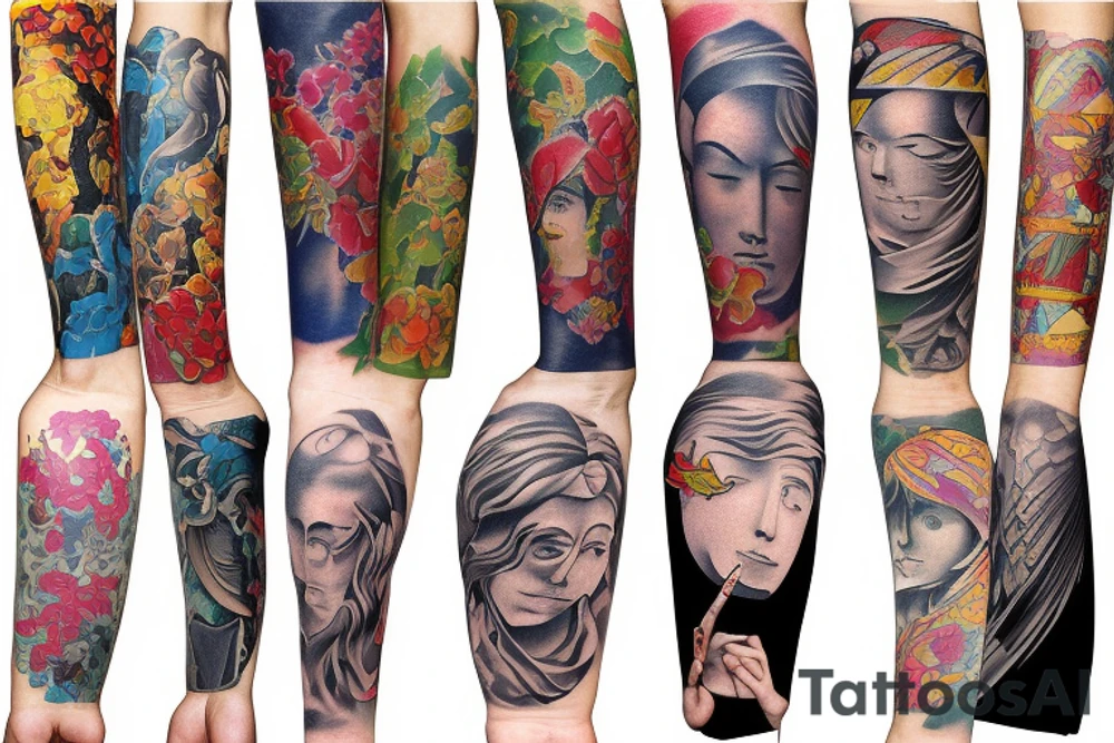 Colorful bright arm sleeve izumi industrial England tattoo idea