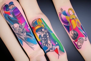 Colorful bright arm sleeve izumi ragnarok tattoo idea