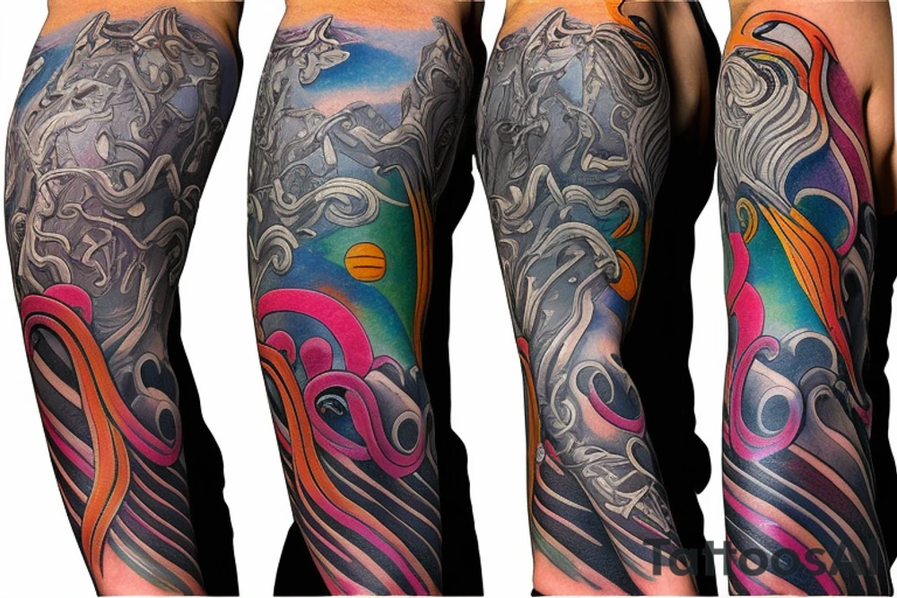 Colorful bright arm sleeve izumi norse tattoo idea