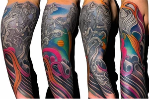 Colorful bright arm sleeve izumi norse tattoo idea