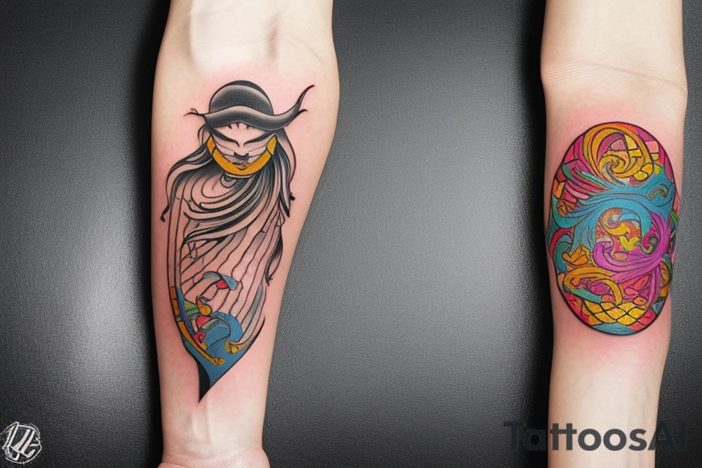Colorful bright arm sleeve izumi norse tattoo idea